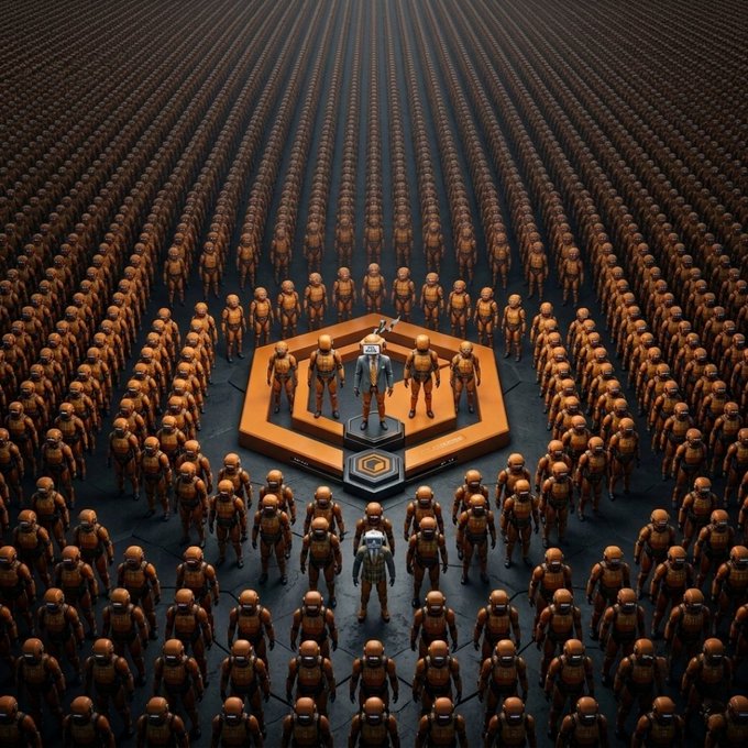 The image features a large group of people wearing orange suits, standing together in front of an orange hexagonal platform with a smaller orange platform at its center. The people are arranged in rows or columns, creating a sense of order and structure within the scene. The overall atmosphere appears to be one of unity and collaboration, as if they are all part of a team working towards a common goal.