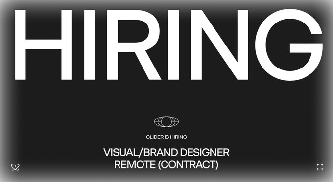 A black and white 'HIRING' advertisement graphic from Glider for a Visual/Brand Designer position, Remote (Contract).