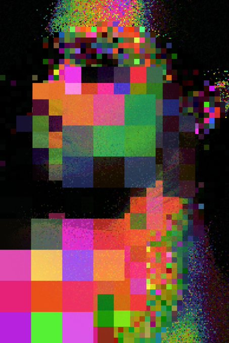 A heavily pixelated, glitch-art style portrait composed of colorful square blocks against a black background.