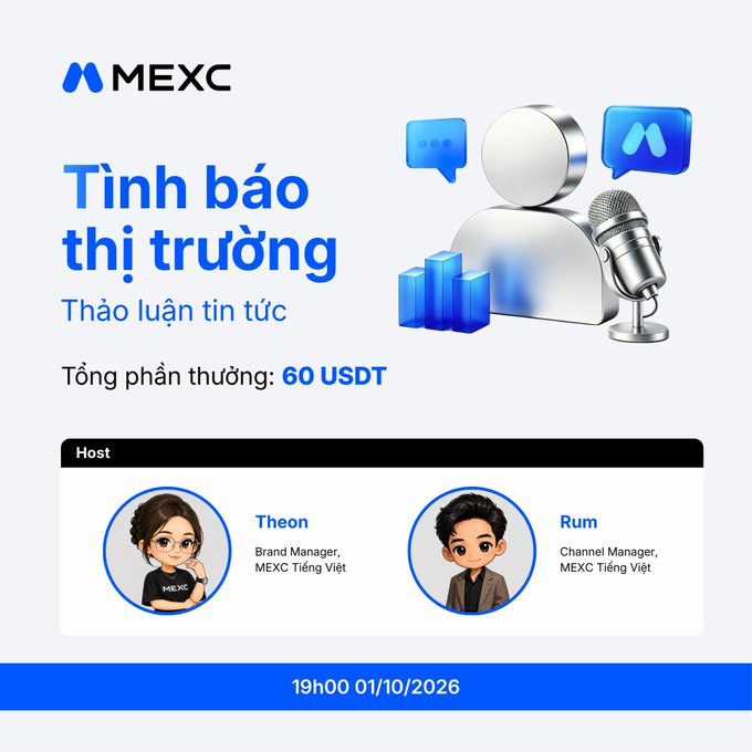 A MEXC promotional graphic for a Vietnamese-language 'Tình báo thị trường' (Market Intelligence) news discussion event, with 60 USDT prize pool, hosted by Theon and Rum on 01/10/2026.