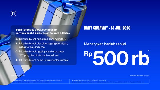 The image is a promotional graphic for a "Daily Giveaway" dated 14 July 2026, featuring a blue gift box with a ribbon on a dark blue background. It presents a multiple-choice quiz question in Indonesian about tokenized stocks versus conventional stocks, offering a prize of Rp 500 rb (500 thousand rupiah) to lucky winners, with fine print mentioning Pintu as the crypto trading platform sponsor.