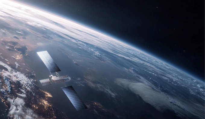 A satellite with solar panels orbiting high above Earth, capturing a view of the planet's atmosphere, cloud formations, and glowing city lights against the darkness of space.