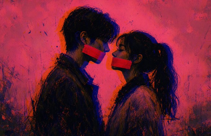 An expressive painting in pink and red tones depicting a couple facing each other in profile, both with red tape/gags over their mouths.
