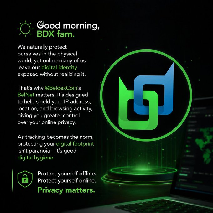 A "Good morning, BDX fam" promotional graphic from BeldexCoin (BDX) highlights the importance of BelNet for protecting online privacy by shielding IP addresses, locations, and browsing activity, featuring the green BelNet logo alongside a laptop displaying a world map, with the tagline "Privacy matters."
