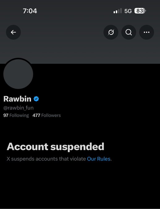 A screenshot of a suspended X (Twitter) account for user 'Rawbin' (@rawbin_fun) with 97 Following and 477 Followers, showing the message 'Account suspended' because X suspends accounts that violate 'Our Rules'.