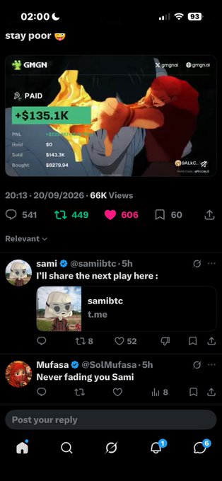 A Twitter/X post by GMGN shows a trading wallet with a +$135.1K profit on the $PAID token, having spent $0, sold for $143.3K, and bought for $2279.94. Below, users like @samiibtc and @SolMufasa comment with "I'll share the next play here" and "Never fading you Sami," referencing the provided Solana address, which appears to be a wallet link for tracking trades.