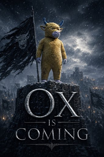A dark, Game of Thrones-style parody poster featuring a furry yellow ox mascot standing on a stone tower holding a tattered flag, with the text "OX IS COMING" displayed prominently below.