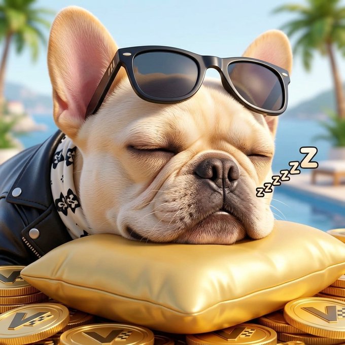 A digital illustration of a French Bulldog sleeping on a gold pillow, wearing sunglasses pushed up on its head and a leather jacket. The dog is surrounded by gold V-shaped coins, with 'Zzz' floating nearby.