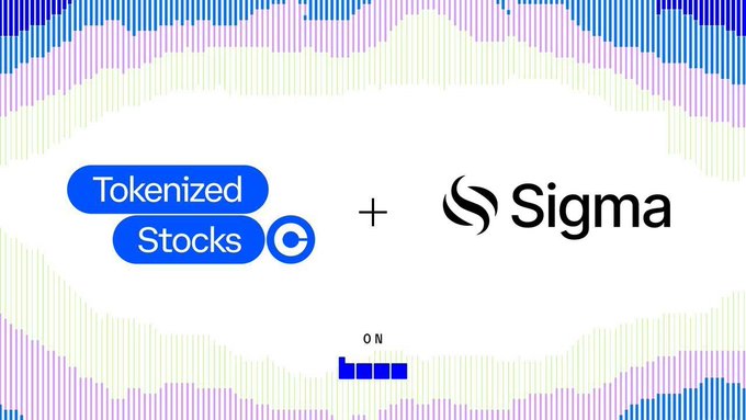 A graphic featuring the 'Tokenized Stocks' logo next to the 'Sigma' logo with a plus sign between them, set against a background of a colorful bar chart or equalizer visualization.
