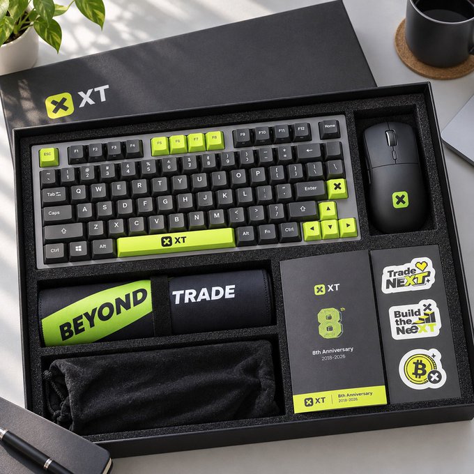 A black gift box from XT exchange contains a limited-edition 8th anniversary (2018-2025) mechanical keyboard with neon green accent keys, a matching wireless mouse, wrist rest, drawstring pouch, and branded stickers. The "Mid-Autumn Festival" caption playfully jokes that the premium co-branded XT trading gear has "bankrupted" the recipient with its extravagance.