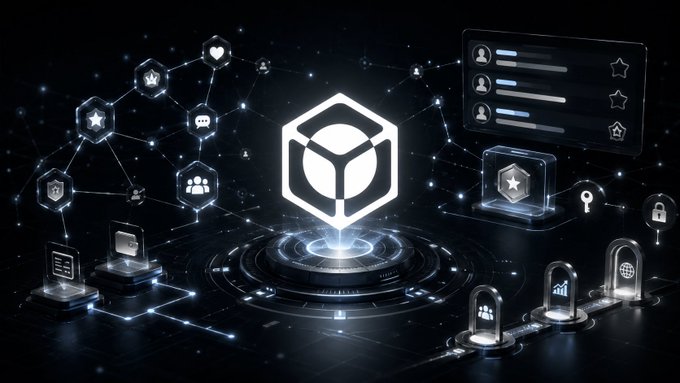 Futuristic digital graphic featuring a glowing hexagonal logo at center surrounded by interconnected network nodes representing various digital services including messaging, security, and analytics.