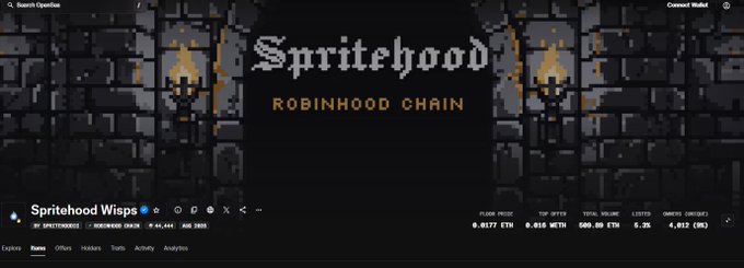 The image shows the DexScreener page for "Spritehood Wisps" (ticker: SPRITEHOOD) on the Robinhood Chain, displaying key metrics including a floor price of 0.0177 ETH, market cap of $8.2M, and 6.2% listed items out of 9,612 total supply. The pixel-art website design aligns with the post's observation that the project has a "vibe-coded" aesthetic, while the $8.2M figure corroborates the claim that the stealth launch generated significant revenue for its creator @ColeThereum.