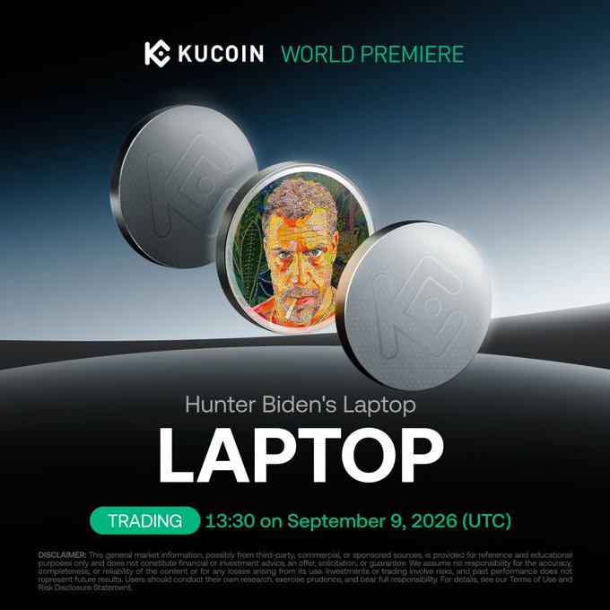 KuCoin World Premiere advertisement for the LAPTOP cryptocurrency token (Hunter Biden's Laptop), with trading scheduled for 13:30 on September 9, 2026 (UTC), featuring a colorful portrait on a silver coin.