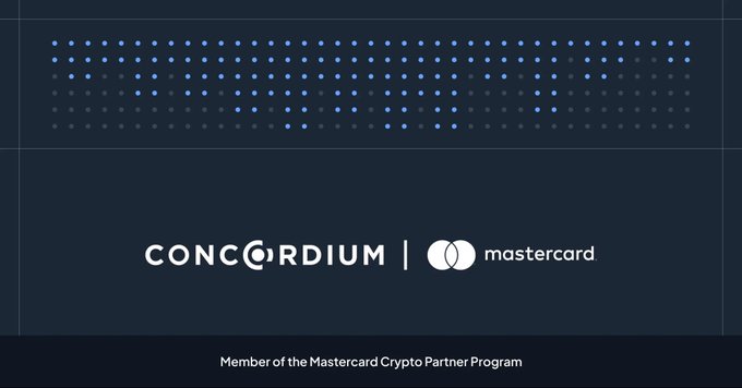A dark blue graphic displaying the logos of "CONCORDIUM" and "mastercard" side by side, with the text "Member of the Mastercard Crypto Partner Program" at the bottom, topped by rows of blue LED-style dots.
