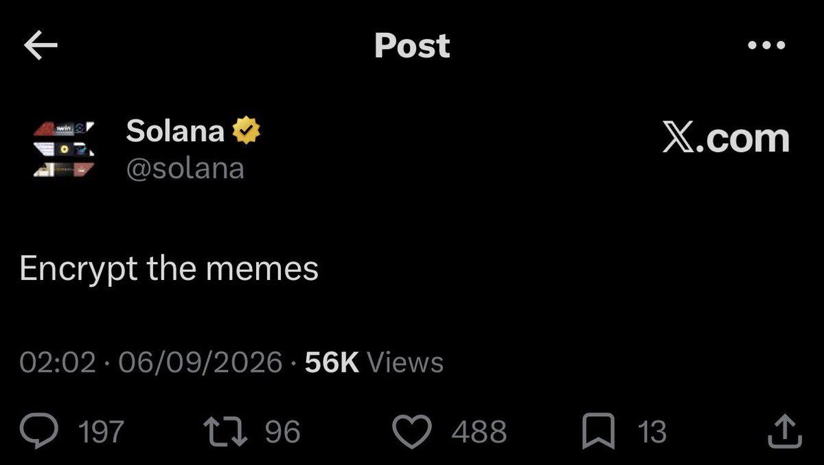 A screenshot of a Solana (@solana) verified X post reading "Encrypt the memes" posted at 02:02 on 06/09/2026 with 56K views, 197 replies, 96 reposts, 488 likes, and 13 bookmarks—tying into the meme-token hype around $zcat by humorously signaling encrypted, viral crypto culture.