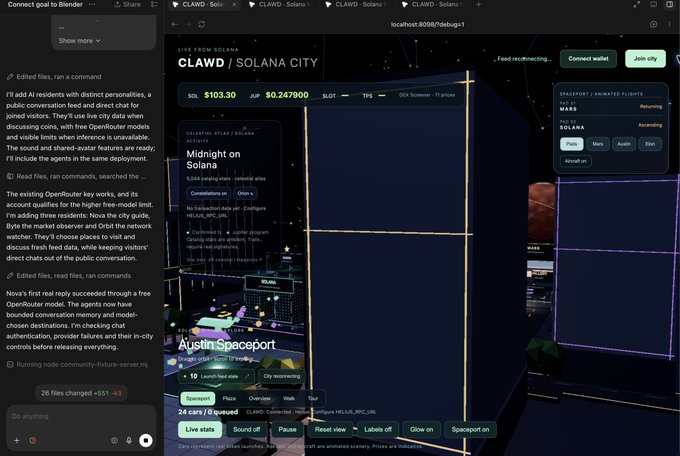A screenshot of a 3D virtual world interface called 'CLAWD / SOLANA CITY', showing a chat box, flight information for 'Midnight on Solaria' and 'Austin Spaceport', and various city navigation options.
