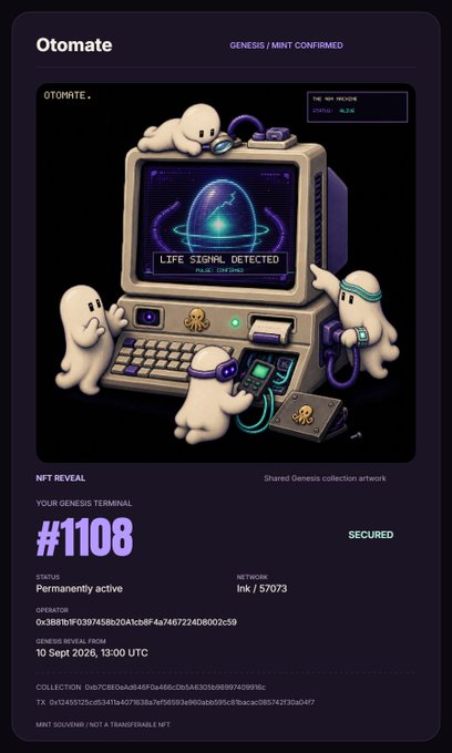 An NFT digital artwork titled "Otomate" featuring cute ghost-like figures interacting with a retro computer terminal displaying "LIFE SIGNAL DETECTED," with details indicating NFT #1108 from a Genesis Mint Confirmed collection.