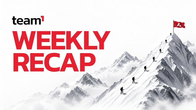 A 'team1 Weekly Recap' banner featuring a mountain scene where silhouettes of climbers ascend a snowy peak to plant a red flag marked with '1'.