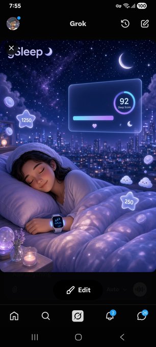 A Grok AI-generated image showing a young woman sleeping peacefully in a dreamy purple-toned bedroom scene with floating stars (1250, 250), a 'Sleep Score' of 92, and a crescent moon, displayed on a mobile phone interface.