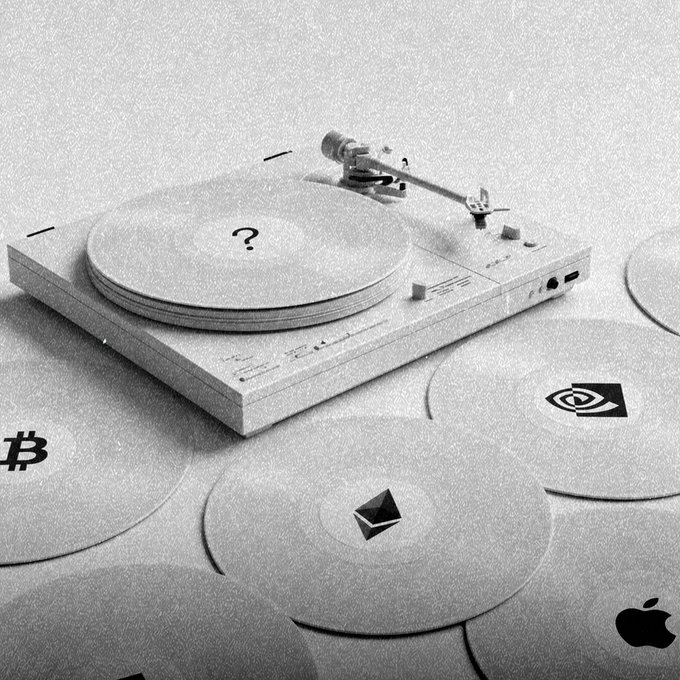 A black and white photo of a textured concrete-textured record player with a question mark on the vinyl, surrounded by circular discs featuring cryptocurrency logos including Bitcoin, Ethereum, and an Apple logo.