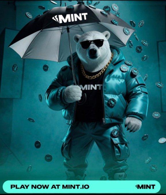 A digital advertisement featuring a polar bear wearing sunglasses, a gold chain, and teal puffer jacket holding a black and white MINT umbrella, with text 'PLAY NOW AT MINT.IO'.