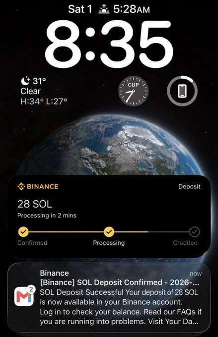 This is a phone screen showing a successful Binance SOL deposit of 28 SOL, confirming the user's post about a big win. The notification clearly states "SOL Deposit Successful Your deposit of 28 SOL is now available in your Binance account."