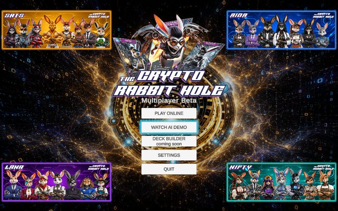 Title screen for the video game "The Crypto Rabbit Hole Multiplayer Beta" featuring rabbit-themed characters and menu options including "Play Online" and "Watch AI Demo".