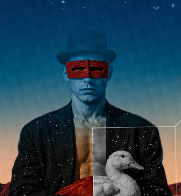 A surreal artwork featuring a blue-skinned figure wearing a black hat, jacket, and a red rectangular mask, set against a starry night sky with a white swan in the foreground.