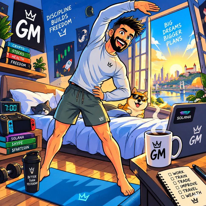 An illustrated cartoon shows a man stretching in a bedroom with motivational text including 'GM', 'DISCIPLINE BUILDS FREEDOM', and crypto references like 'SOLANA' and '$HYPE'.