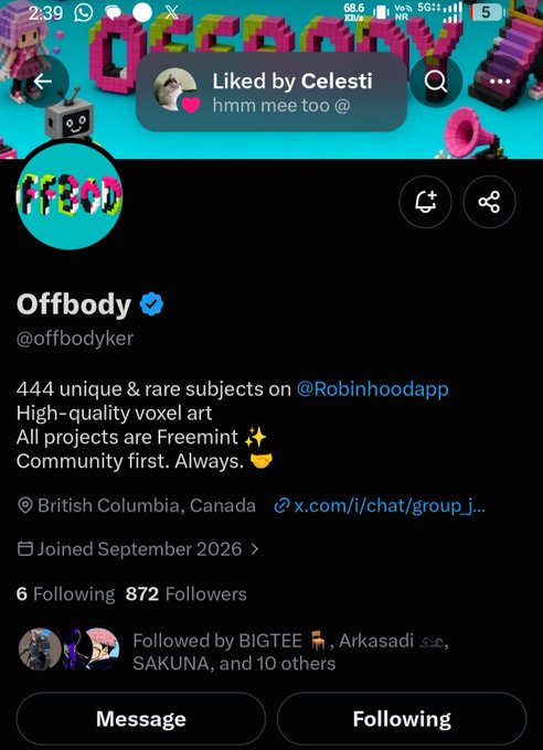 A mobile screenshot of the Offbody Twitter/X profile (@offbodyker) showing '444 unique & rare subjects on @Robinhoodapp, High-quality voxel art, All projects are Freemint, Community first. Always.'
