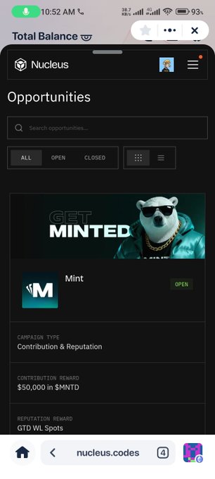 A mobile screenshot showing the Nucleus platform's "Opportunities" page featuring a "Get Minted" campaign with a polar bear mascot, offering a $50,000 $MNTD contribution reward.