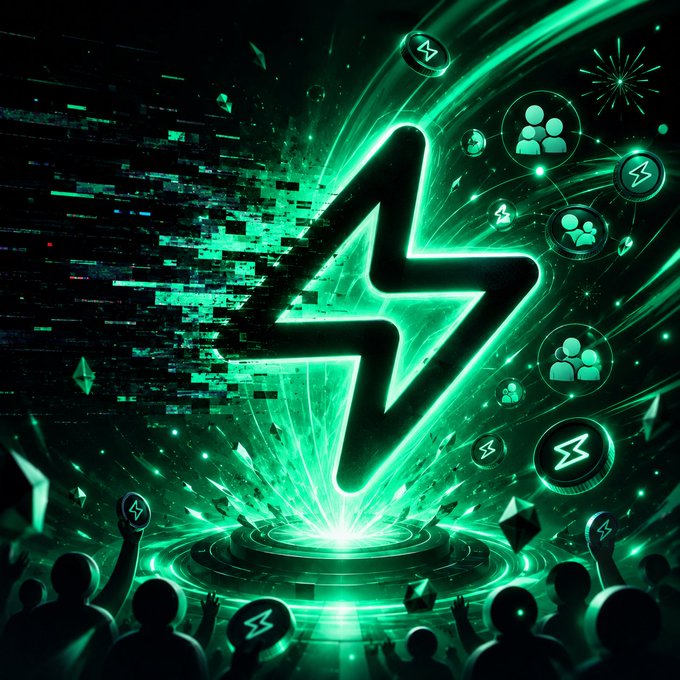 A glowing green lightning bolt symbol dominates a dynamic digital scene with floating user icons and a silhouetted crowd below, representing the energy and community engagement of a crypto giveaway campaign offering 50 winners $20 USDT each plus an exclusive Discord role.