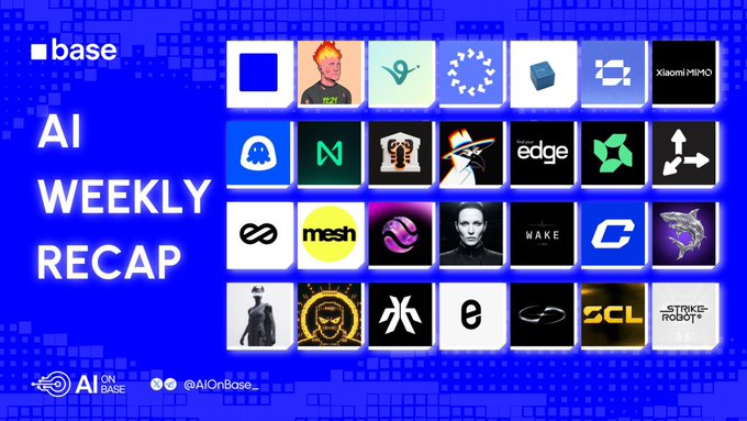 The image features a blue background with white text that reads "Base Weekly Recap". Below this, there are 24 different logos representing various companies or projects. The first logo is for Base, followed by a list of 24 other logos arranged in four rows of six.