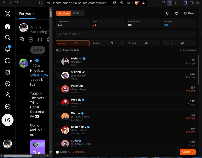 The image shows an X (Twitter) "Unfollow" management page displaying 714 following, 21 inactive, 55 low flows, and 669 verified accounts, with a list of users like Bishu (3K), SNIPER (6.5K), Parshutto (598), and others marked as inactive. This directly illustrates the post's message about cleaning their following list and discovering many friends have left crypto after years of grinding.