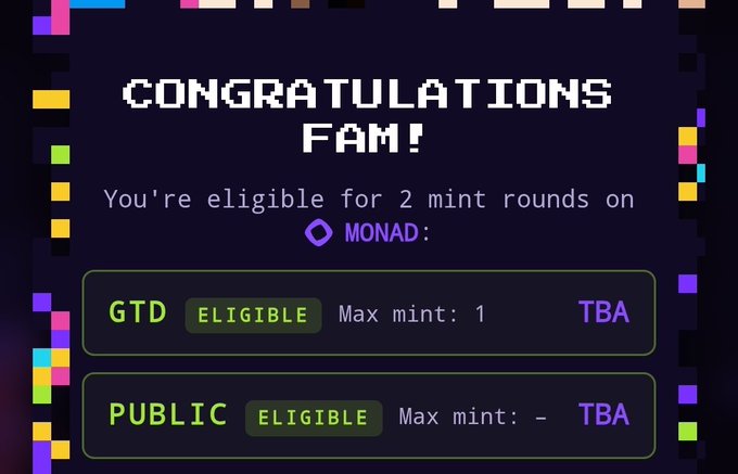 A pixel-art congratulations screen celebrates the user's eligibility for a 2-mint allotment on the MONAD network, displaying "GTD" and "PUBLIC" mint options both as "ELIGIBLE" with max mint of 1, supporting the post's excitement about being eligible for the @ChogNFT mint.