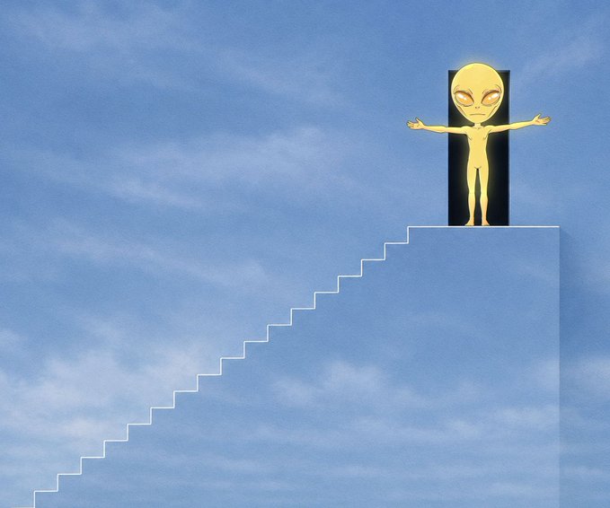 A stylized illustration of a large-eyed alien figure standing in a doorway at the top of a long white staircase against a blue sky with clouds.