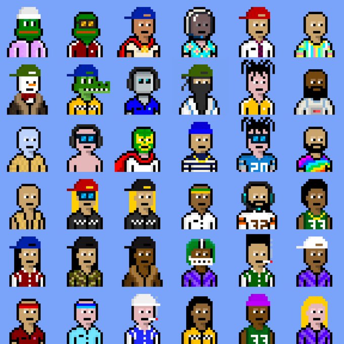 A grid of 36 pixel art character portraits with diverse skin tones, hairstyles, clothing, and accessories, displayed against a light blue background.