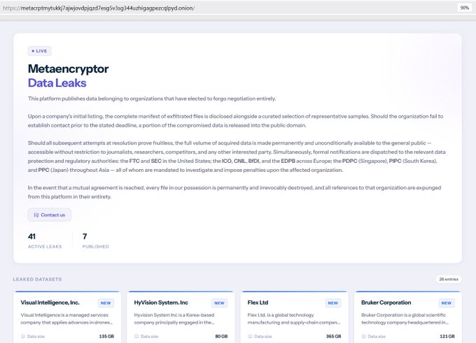 A screenshot of a Tor onion website for 'Metaencryptor Data Leaks' showing statistics like '41 Active Leaks' and '7 Published'.