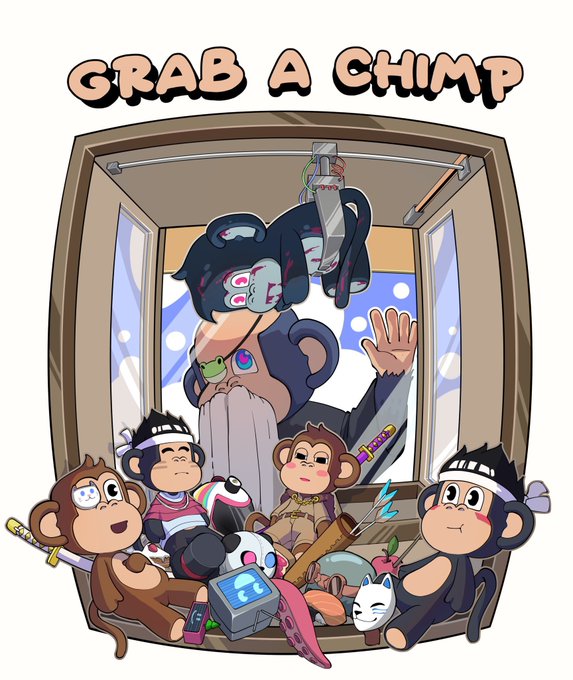 A cartoon-style promotional image with the text 'GRAB A CHIMP' featuring multiple monkey characters in a claw machine filled with anime-themed toys and figures.