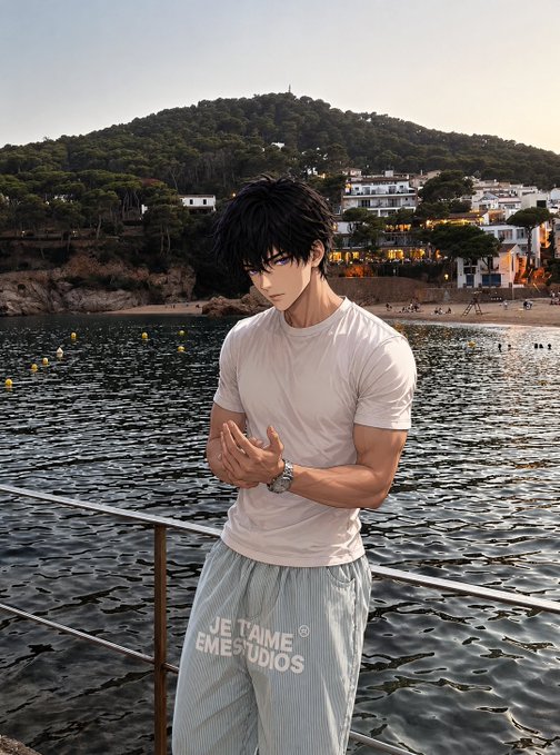 A photorealistic image of an anime-styled young man with dark hair wearing a white t-shirt and "JE TAME STUDIOS" sweatpants, standing by a coastal railing with a beach and hillside town in the background.