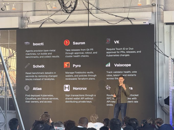 A presenter stands in front of a screen listing various software tools and their functions, including 'boxctl' (provisioning bare-metal machines), 'Sauron' (releases management), 'VK' (requiring approvals), and several others like 'Schelk', 'Pyro', and 'Valscope'.