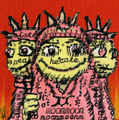 A heavily compressed, pixelated, and red-tinted image showing a stylized character or logo with illegible text.