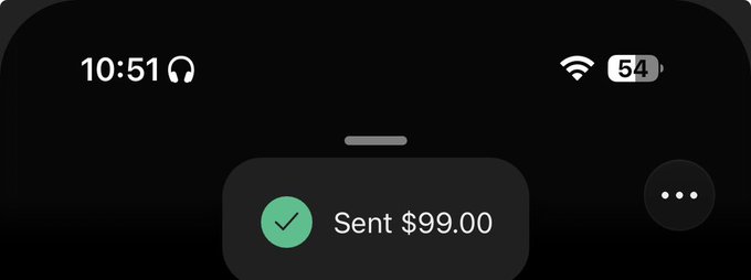 A phone lock screen notification displaying "Sent $99.00" with a green checkmark, the time 10:51, and a 54% battery indicator.