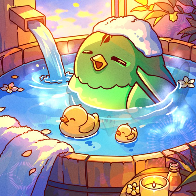 A digital artwork features a cute green bird-like creature relaxing in a hot spring with soap on its head, accompanied by two small yellow rubber ducks floating in the water.