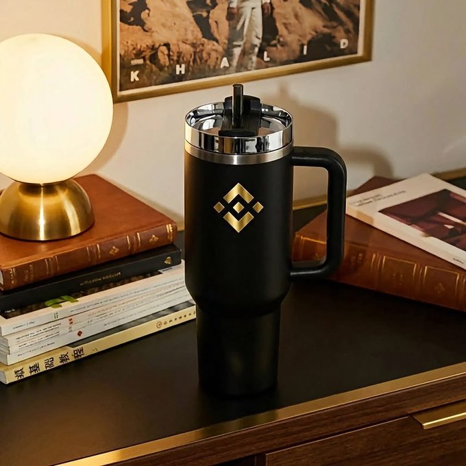 A sleek black travel tumbler featuring the iconic yellow Binance logo sits on a dark wooden desk, flanked by stacked books, a glowing globe lamp, and a framed picture with the letters "KHALID" visible. The product shot perfectly complements the post's playful jab at Binance fans swapping morning coffee for crypto culture.