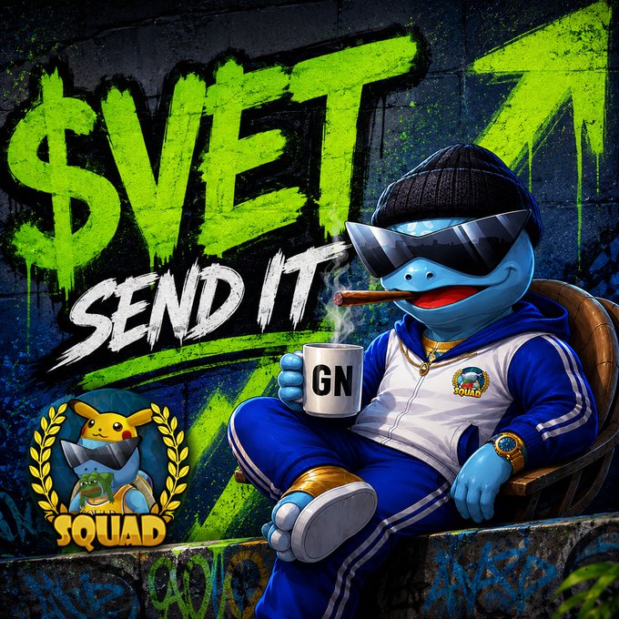 A graffiti-style NFT artwork showing a blue cartoon dolphin character in sunglasses, a beanie, and tracksuit smoking a cigar and holding a 'GN' mug, with neon green '$VE7N SEND IT' text and a 'SQUAD' logo featuring Pikachu and another character.