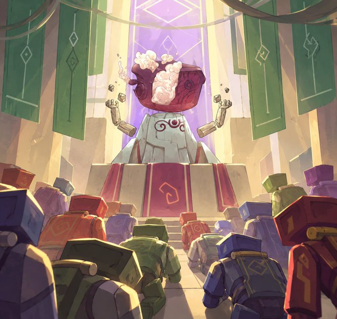 A fantasy digital illustration depicting a robotic figure in white robes standing at an altar filled with popcorn, with arms raised in apparent frustration as blocky, cube-shaped characters kneel before it.
