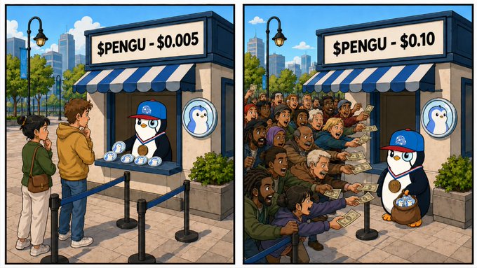 A two-panel cartoon illustration showing a penguin vendor at a '$PENGU' stand; on the left, it sits nearly empty at '$0.005', while on the right, it is mobbed by a large crowd of people handing it money at '$0.10'.