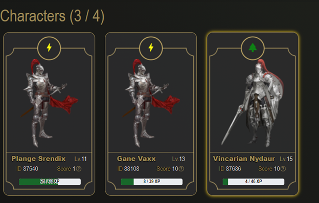 A character selection screen from a fantasy RPG game displaying three characters: Plange Srendix (Level 11), Gane Vaxx (Level 13), and Vincarian Nydur (Level 15), each with their XP progress and scores.