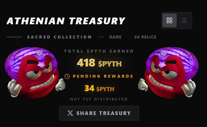 An 'Athenian Treasury' NFT display showing two angry red/purple monkey characters, with '418 $PYTH' total earned and '34 $PYTH' pending rewards.